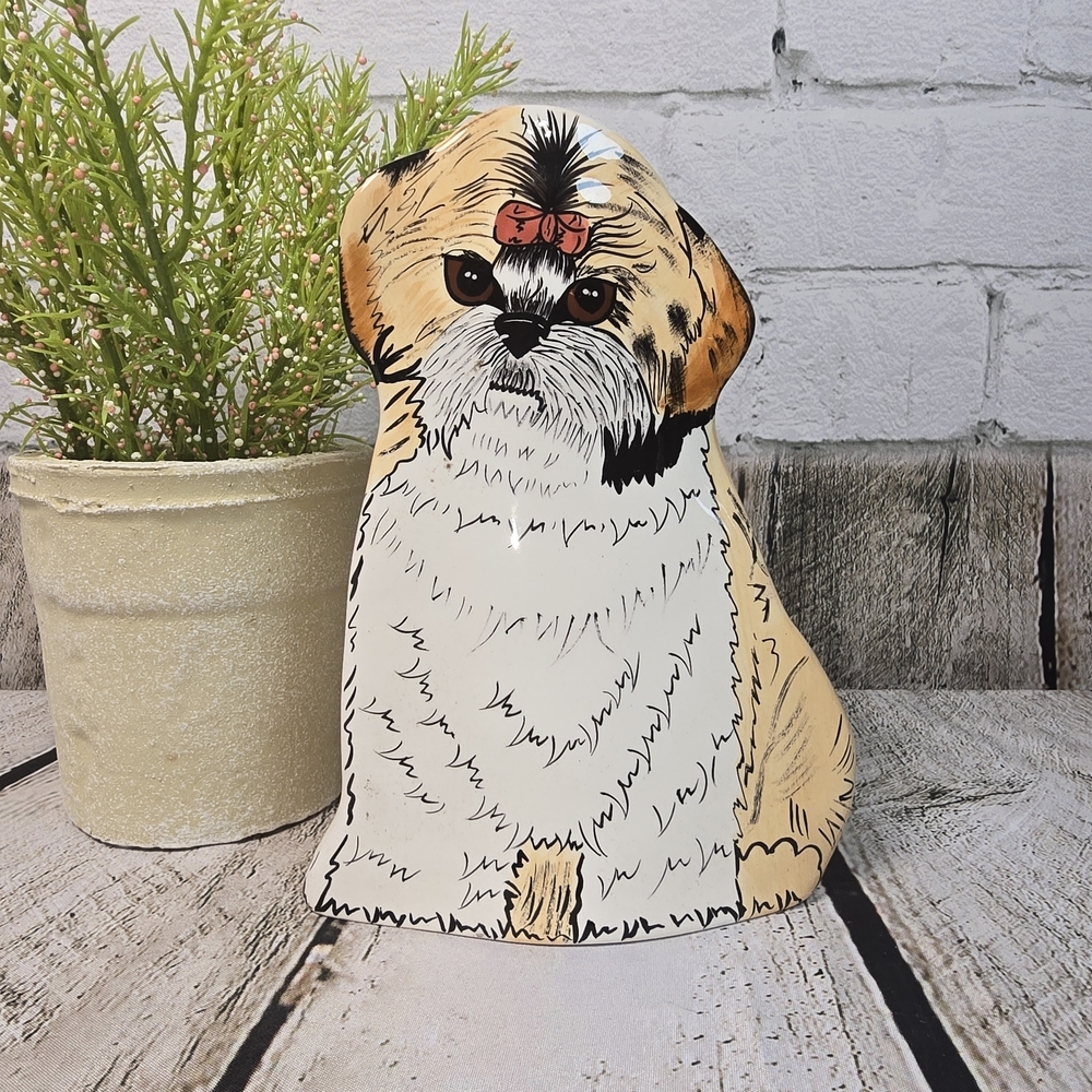 VINTAGE NINA LYMAN CERAMIC HAND PAINTED SHIH TZU DOG 8 INCH VASE